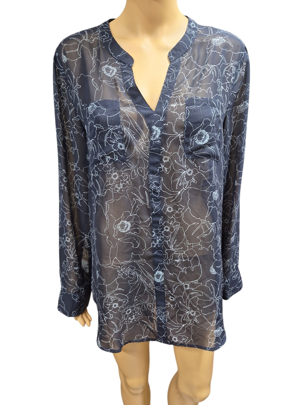 LOFT Ann Taylor Floral Sheer Split-Neck Long Sleeve Blouse - Picture 8 of 9